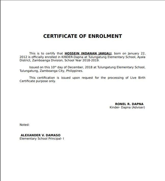 Enrollment Certificate for Elementary/High School from DepEd