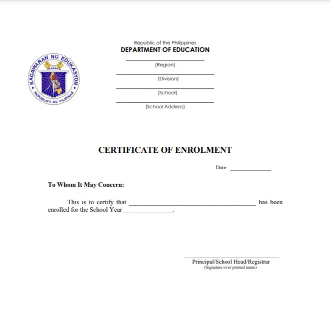 Certificate Of Enrollment DepEd 